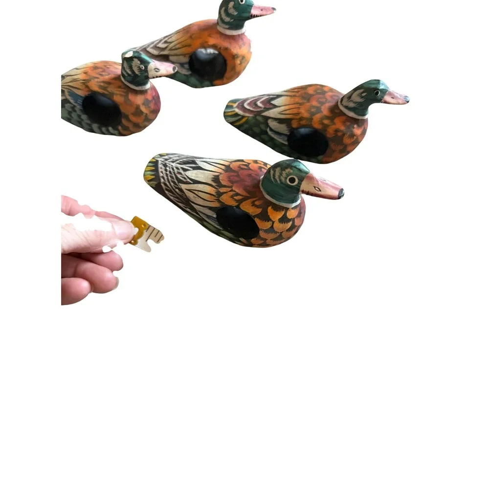 Vintage Hand Painted Wooden Mallard Duck Napkin Rings Set of 4 Made in Indonesia
